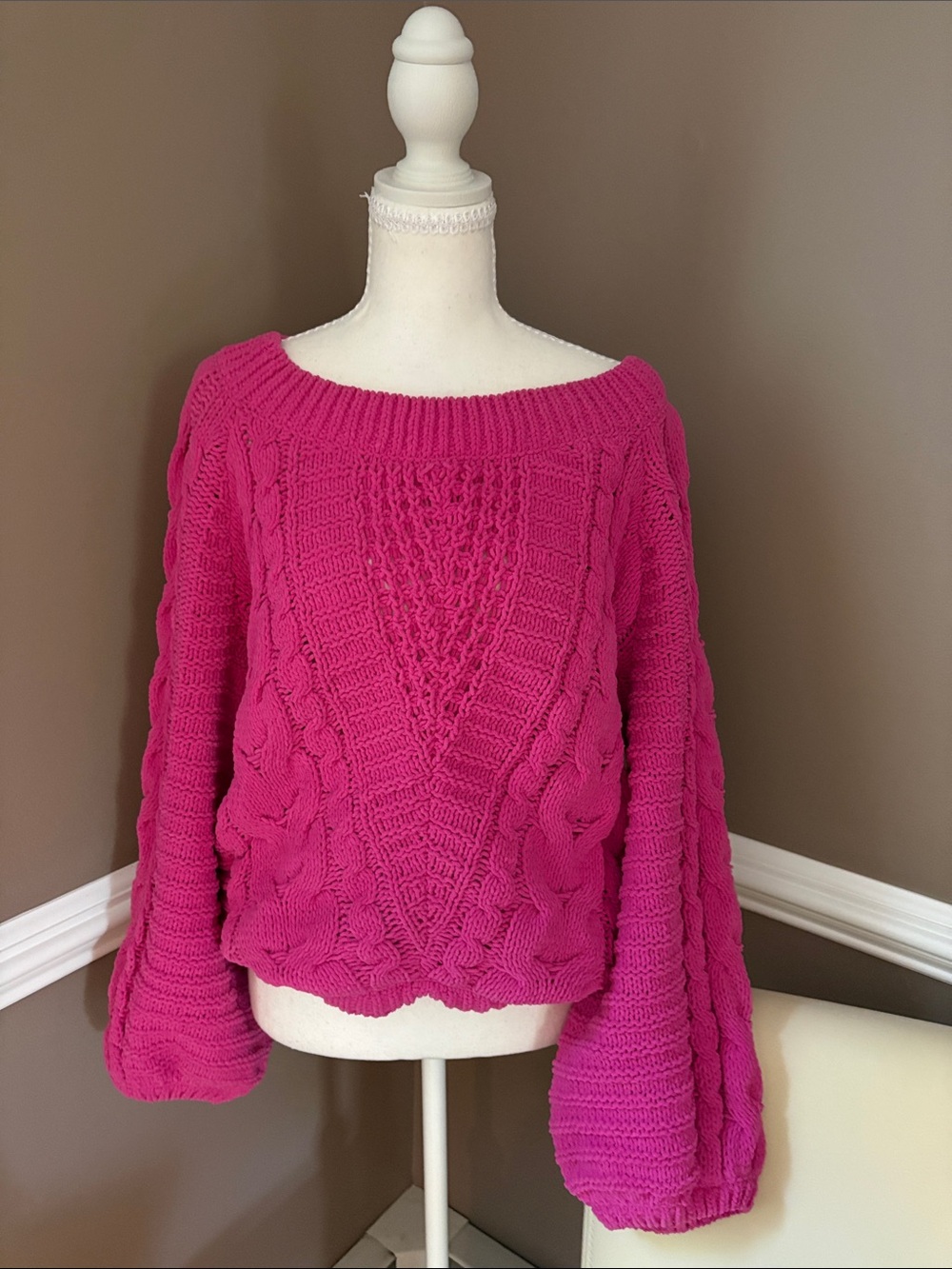 Express Pink Off-the-Shoulder Cable Knit Sweater